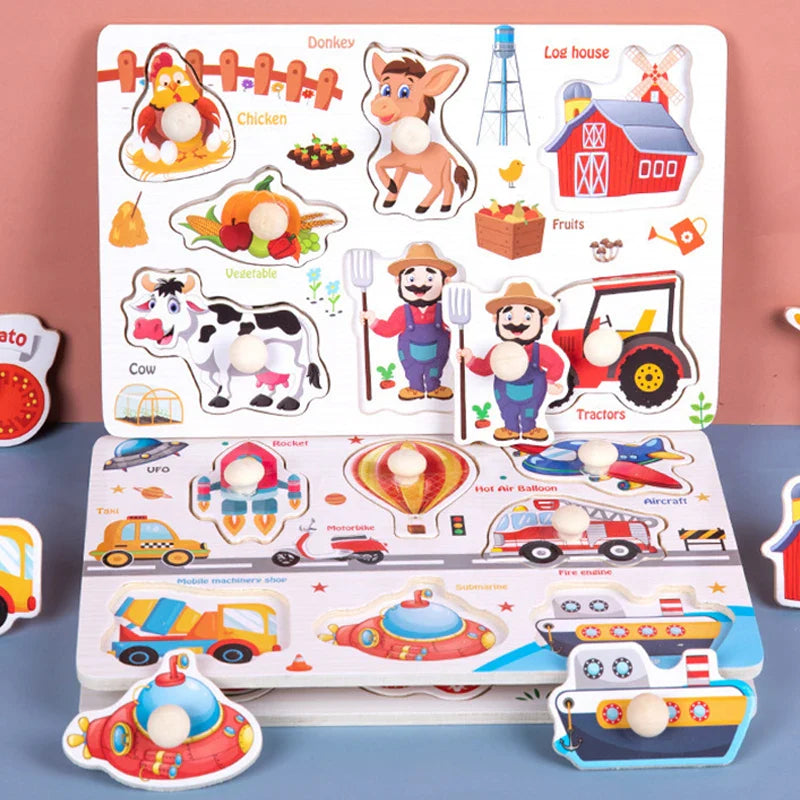 Wooden Hand Grab Boards Baby Educational Cartoon Vehicle Animals Fruits 3D Puzzles Kids Early Education Toys TMZ﻿