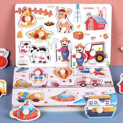 Wooden Hand Grab Boards Baby Educational Cartoon Vehicle Animals Fruits 3D Puzzles Kids Early Education Toys TMZ﻿