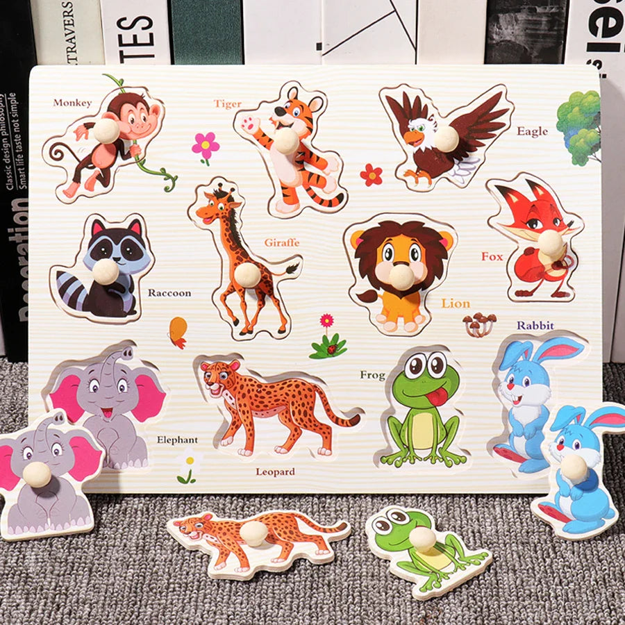 Wooden Hand Grab Boards Baby Educational Cartoon Vehicle Animals Fruits 3D Puzzles Kids Early Education Toys TMZ﻿