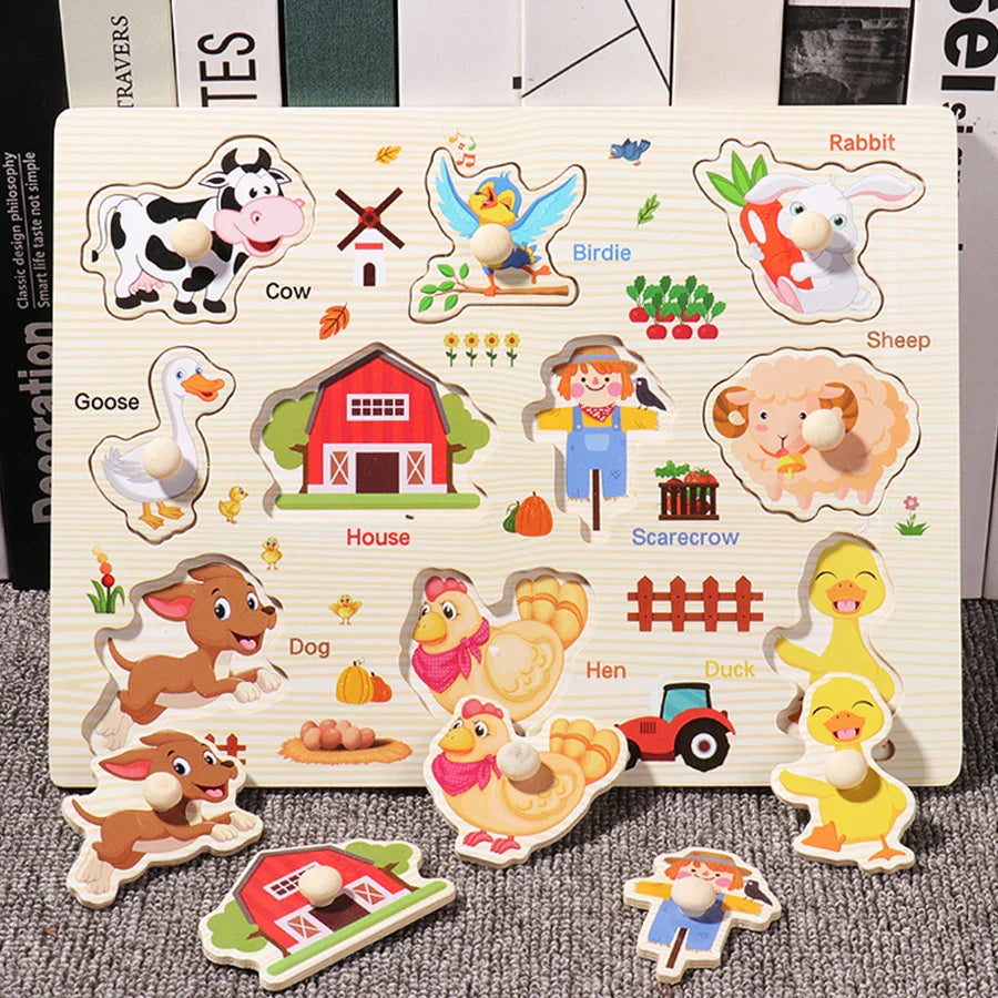 Wooden Hand Grab Boards Baby Educational Cartoon Vehicle Animals Fruits 3D Puzzles Kids Early Education Toys TMZ﻿