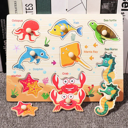 Wooden Hand Grab Boards Baby Educational Cartoon Vehicle Animals Fruits 3D Puzzles Kids Early Education Toys TMZ﻿