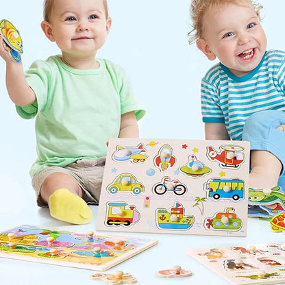 Wooden Hand Grab Boards Baby Educational Cartoon Vehicle Animals Fruits 3D Puzzles Kids Early Education Toys TMZ﻿