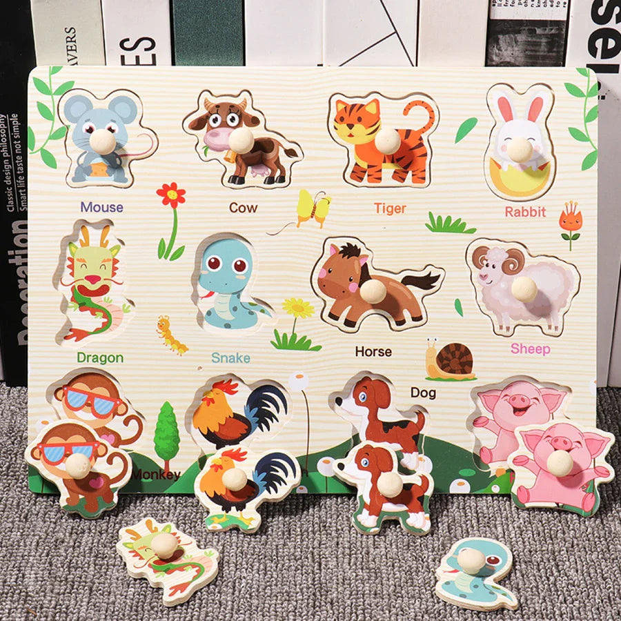 Wooden Hand Grab Boards Baby Educational Cartoon Vehicle Animals Fruits 3D Puzzles Kids Early Education Toys TMZ﻿